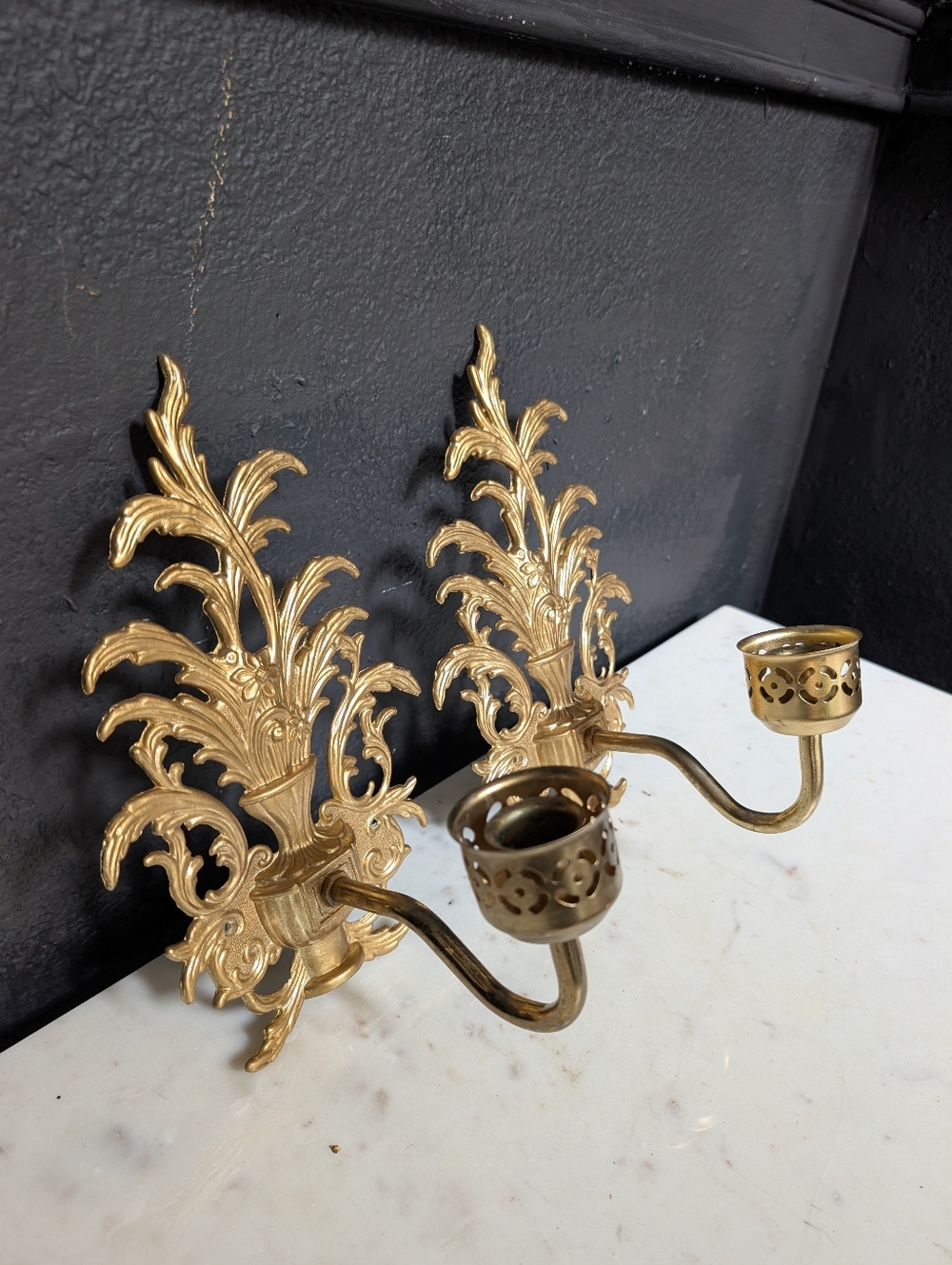 Vintage, Set of 2, Gold Metal Ornate Rococo Style Wall Sconces Candle Holders